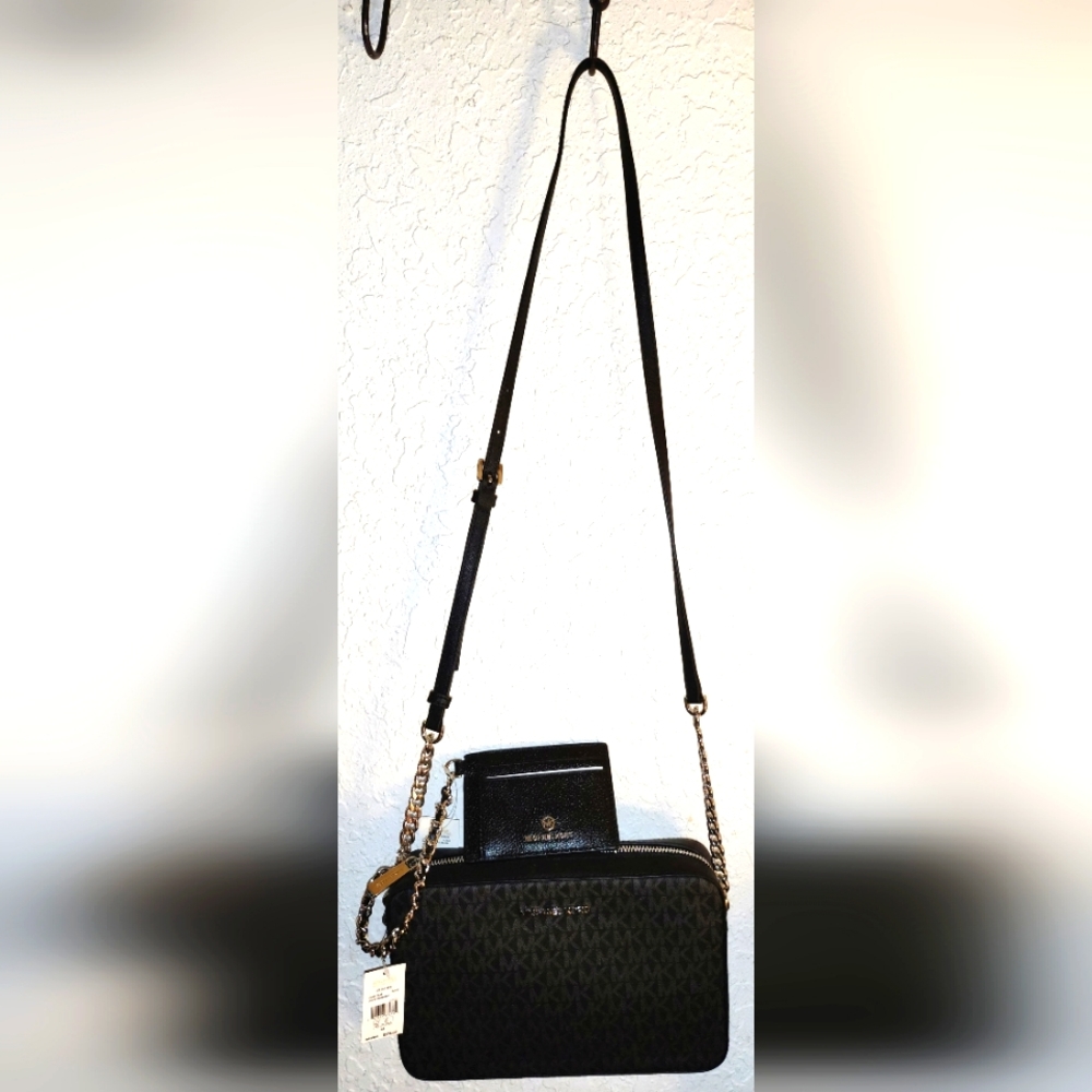 NWT Michael Kors SET Black Leather Jet Set Crossbody Bag & Card Holder w Chain